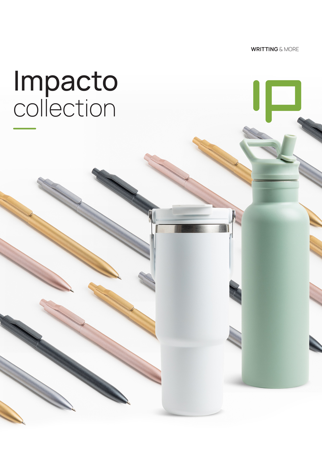 Okładka katalogu gadżetów reklamowych „Nowości jesień–zima 2025” z długopisami, notesami, torbami, plecakami, kubkami i akcesoriami tech