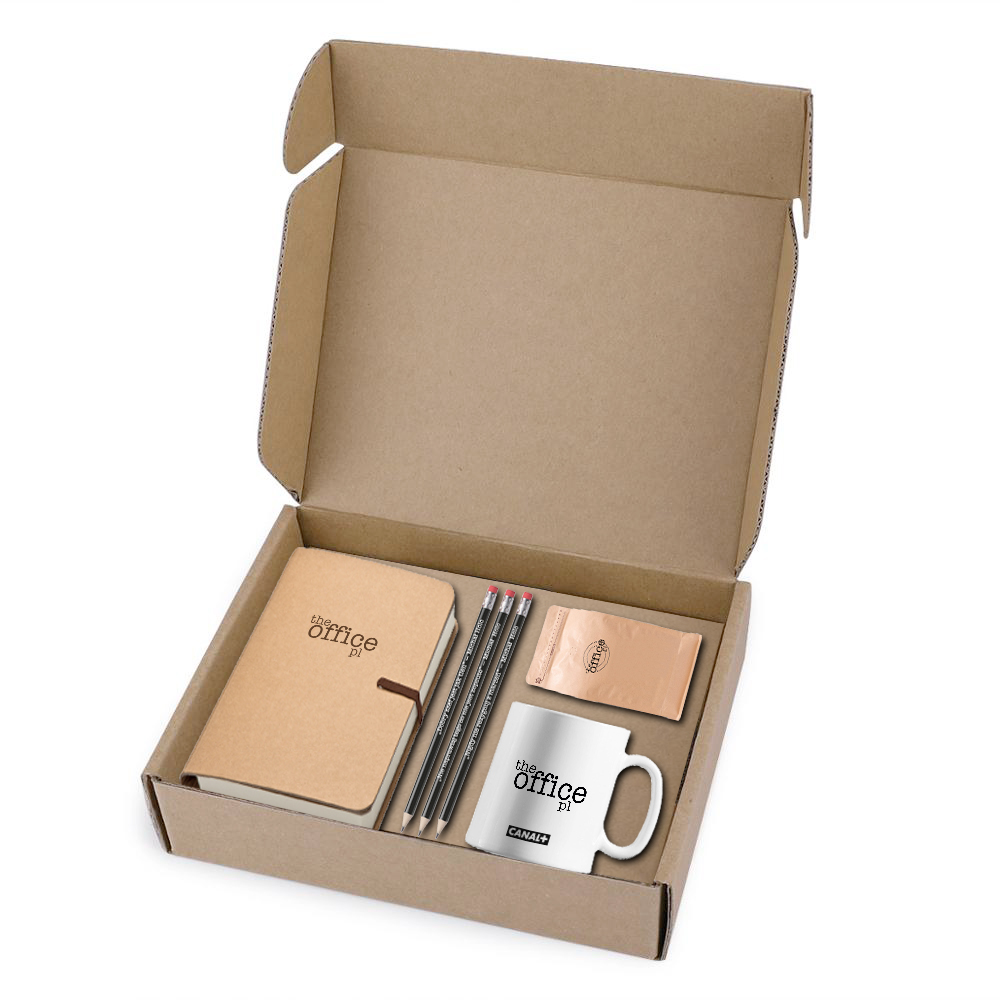 Zestaw materiałów promocyjnych serialu Klangor Canal+ przygotowany przez Deuter DLM – ulotki oraz duża czarna torba papierowa z nadrukiem